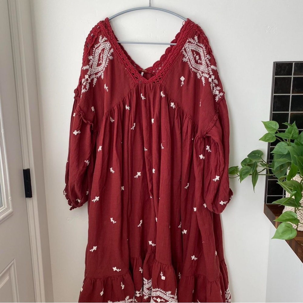 Free People Lavender Fields embroidered red midi dress